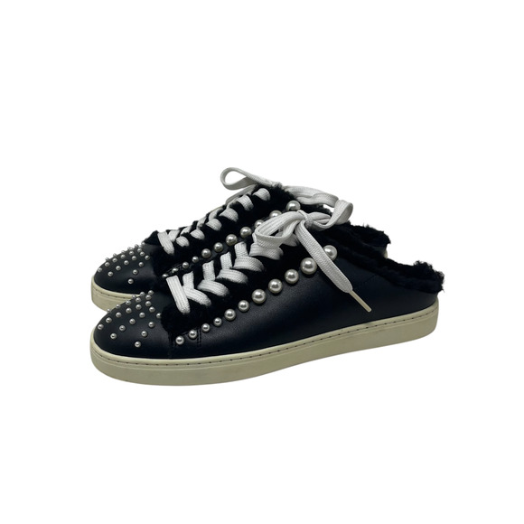 Stuart Weitzman Shoes - Stuart Weitzman Goldie Embellished Leather Backless Sneakers - Black - Size 7